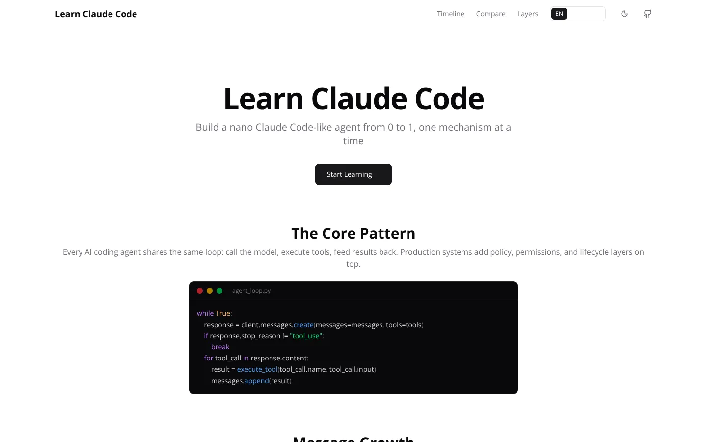Screenshot of the Learn Claude Code homepage