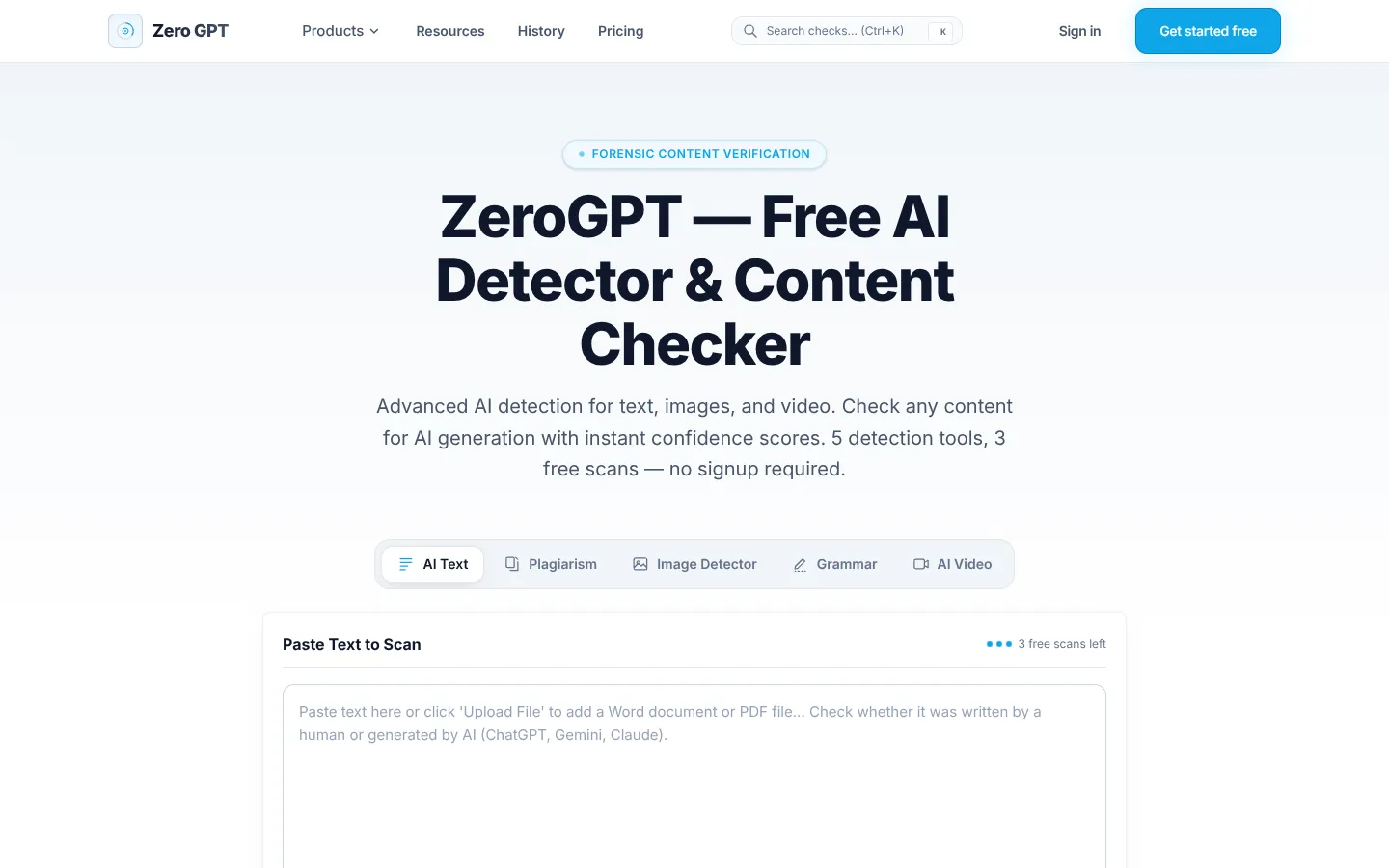 Screenshot of the ZeroGPT homepage