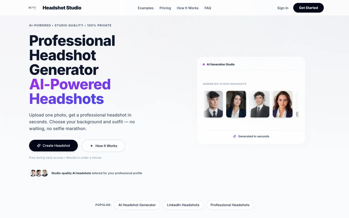 Screenshot of the Headshot Studio homepage