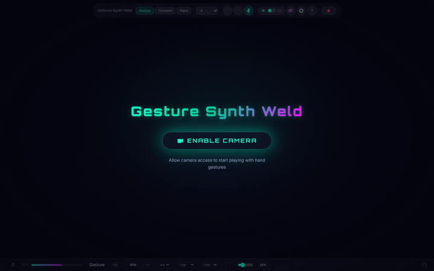 Screenshot of the Gesture Synth Weld homepage