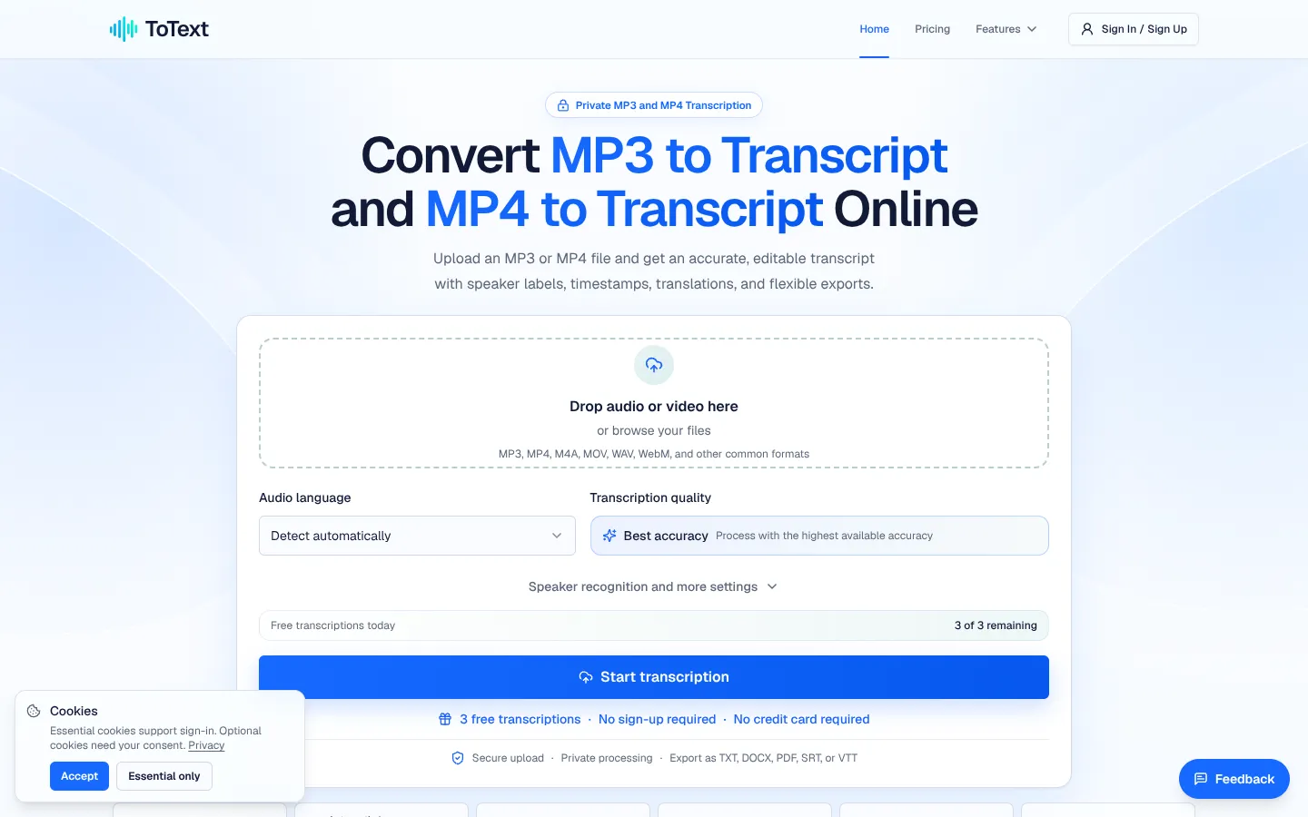 Screenshot of the MP3 to Transcript homepage