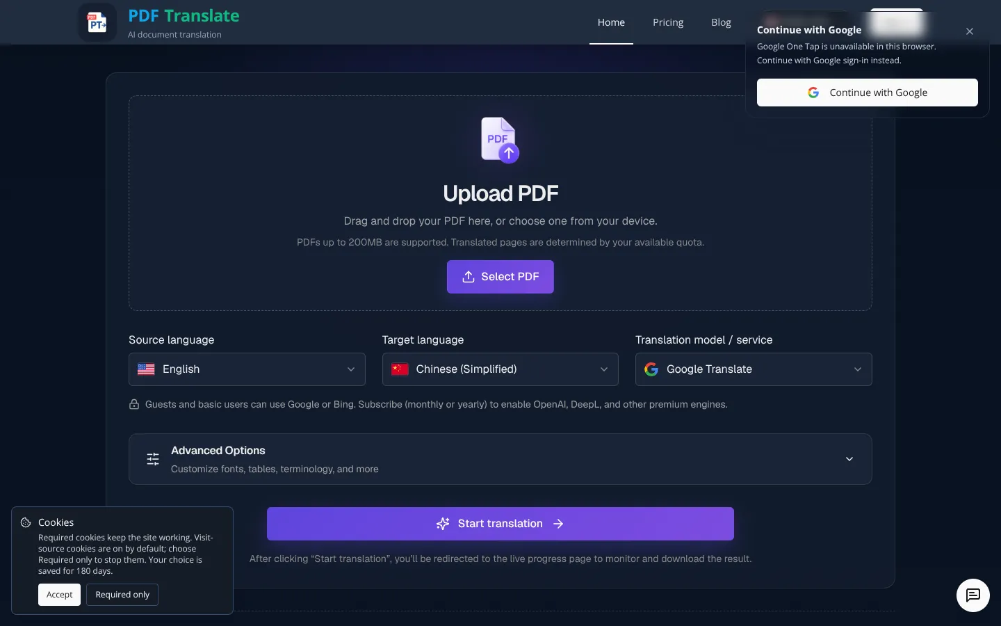 Screenshot of the PDF Translate homepage