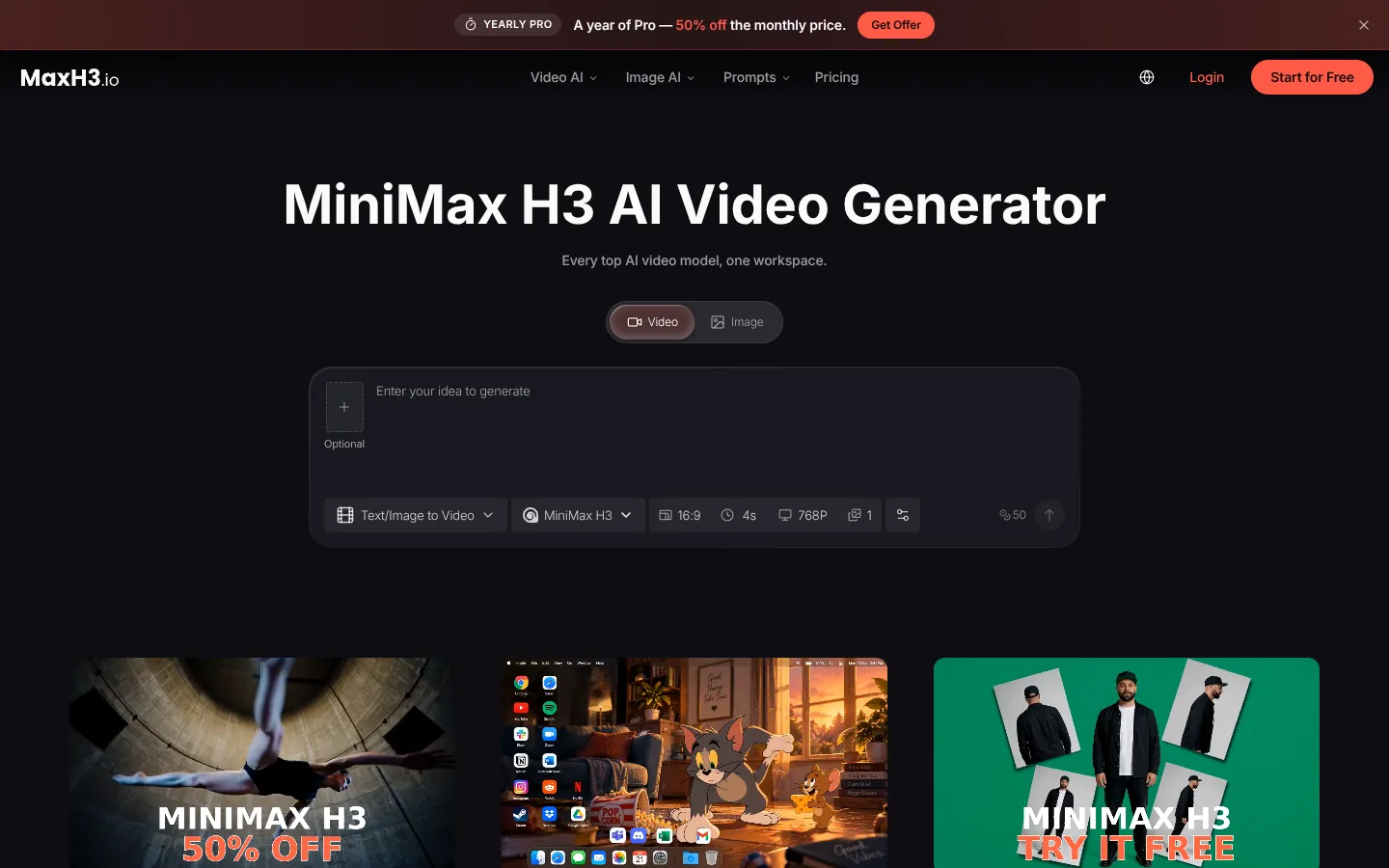 Screenshot of the MiniMax H3 AI Video Generator Video homepage