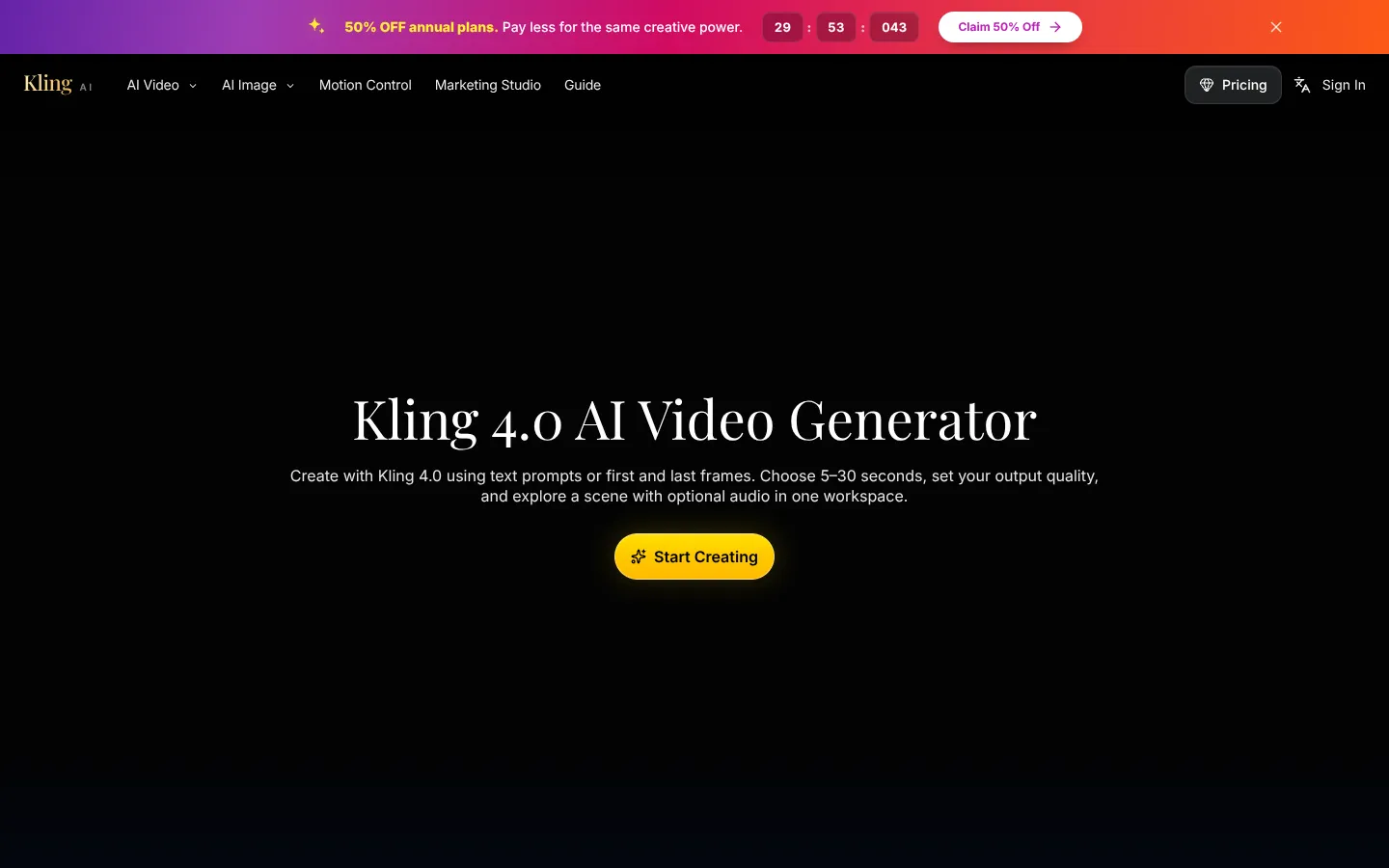 Screenshot of the Kling 4.0 homepage