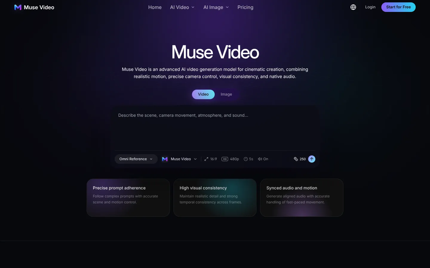 Screenshot of the Muse Video homepage