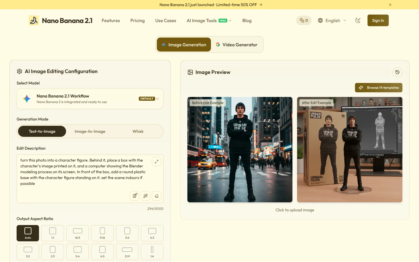 Screenshot of the Nano Banana 2.1 homepage