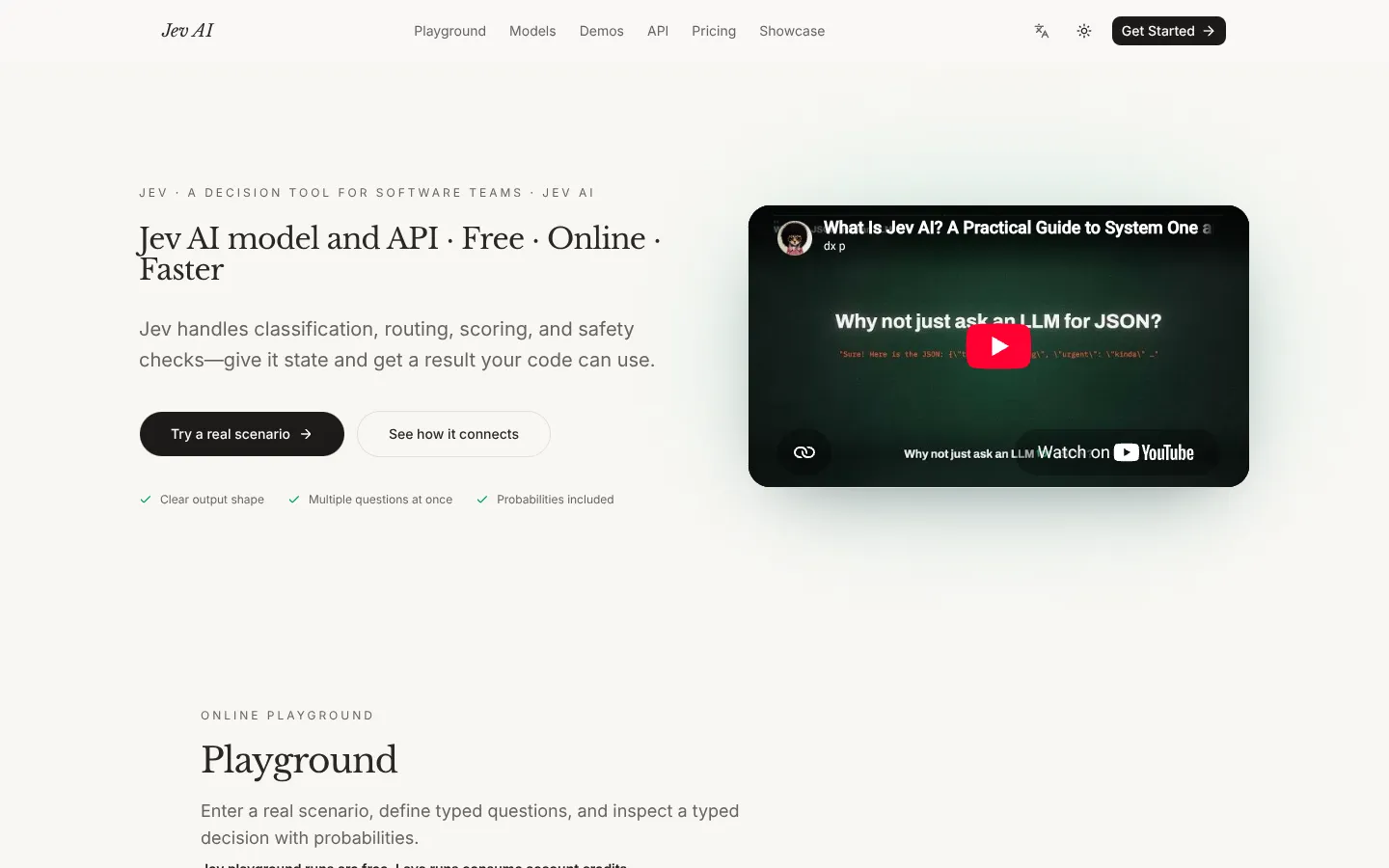 Screenshot of the Jev AI homepage
