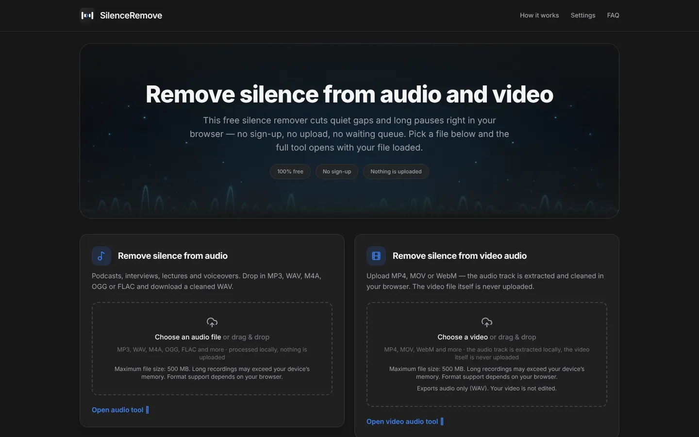 Screenshot of the SilenceRemove homepage