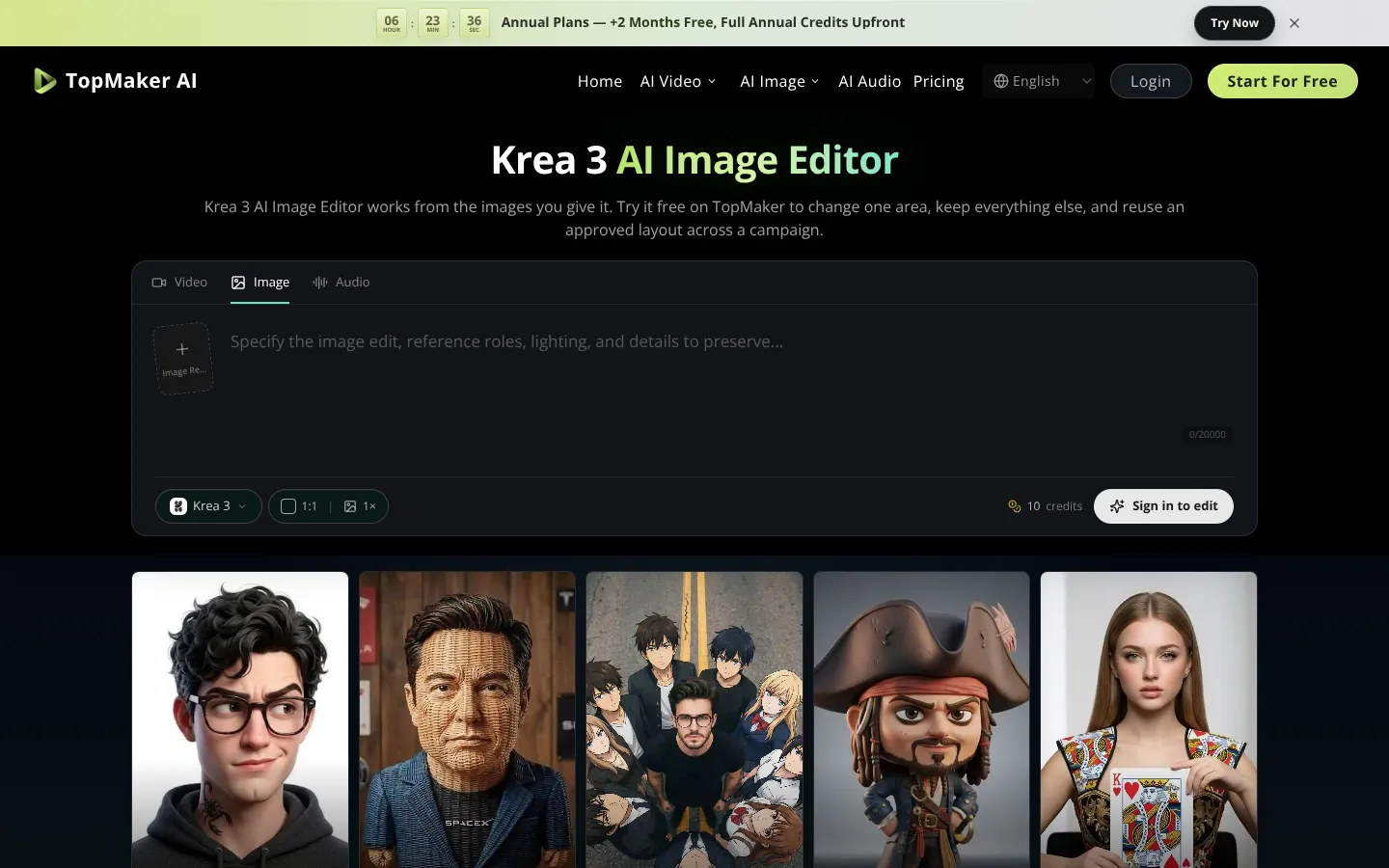 Screenshot of the Krea 3 homepage