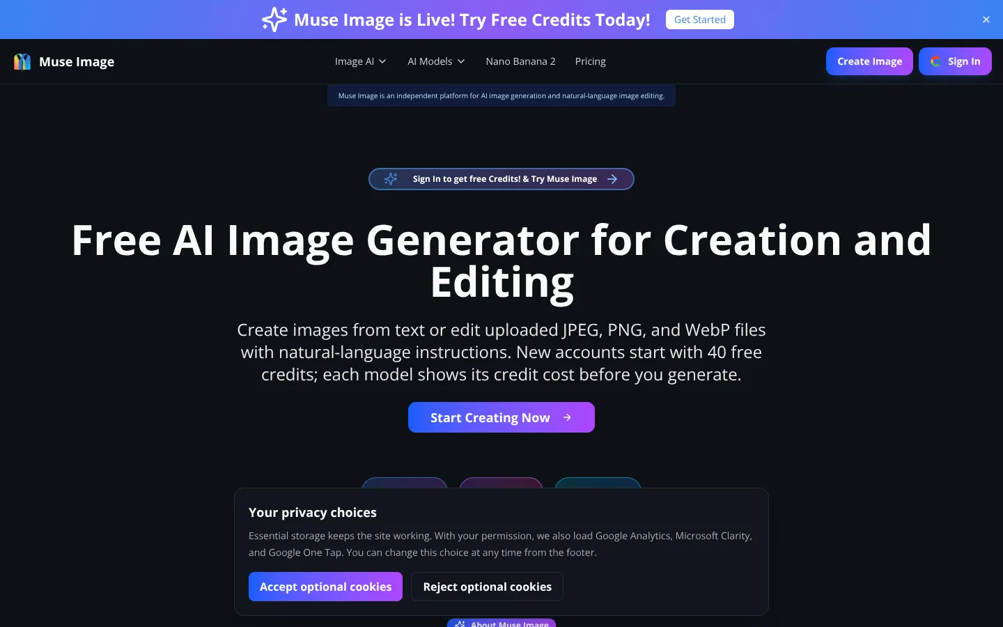 Screenshot of the muse image homepage