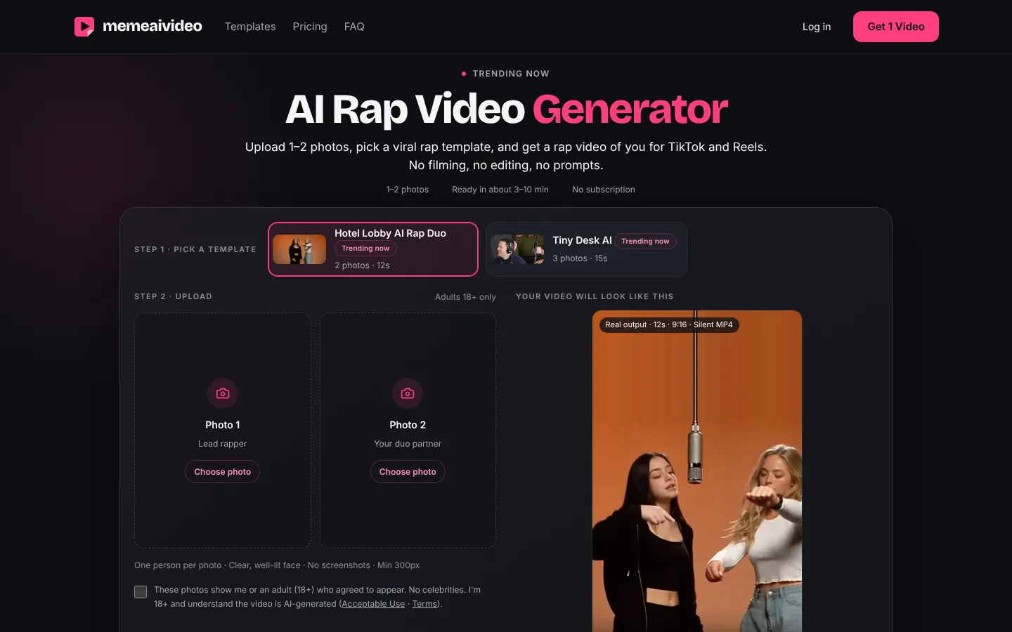 Screenshot of the memeaivideo homepage