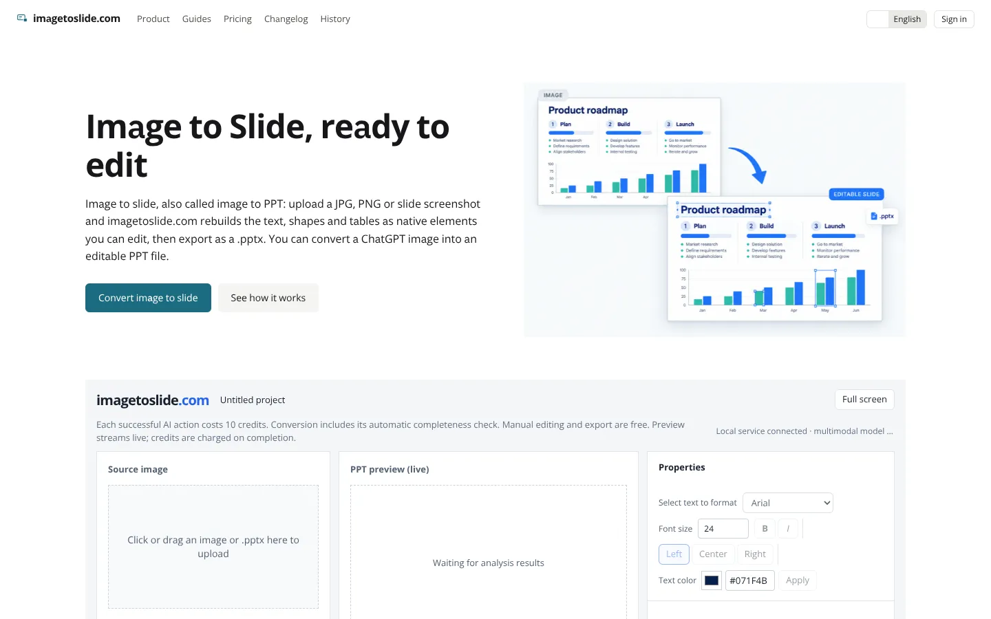 Screenshot of the imagetoslide homepage