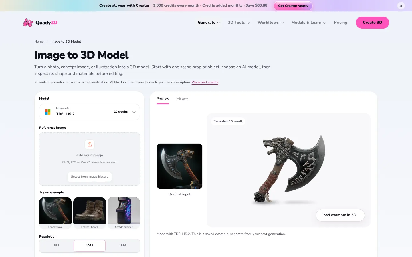 Screenshot of the Quady3D AI homepage