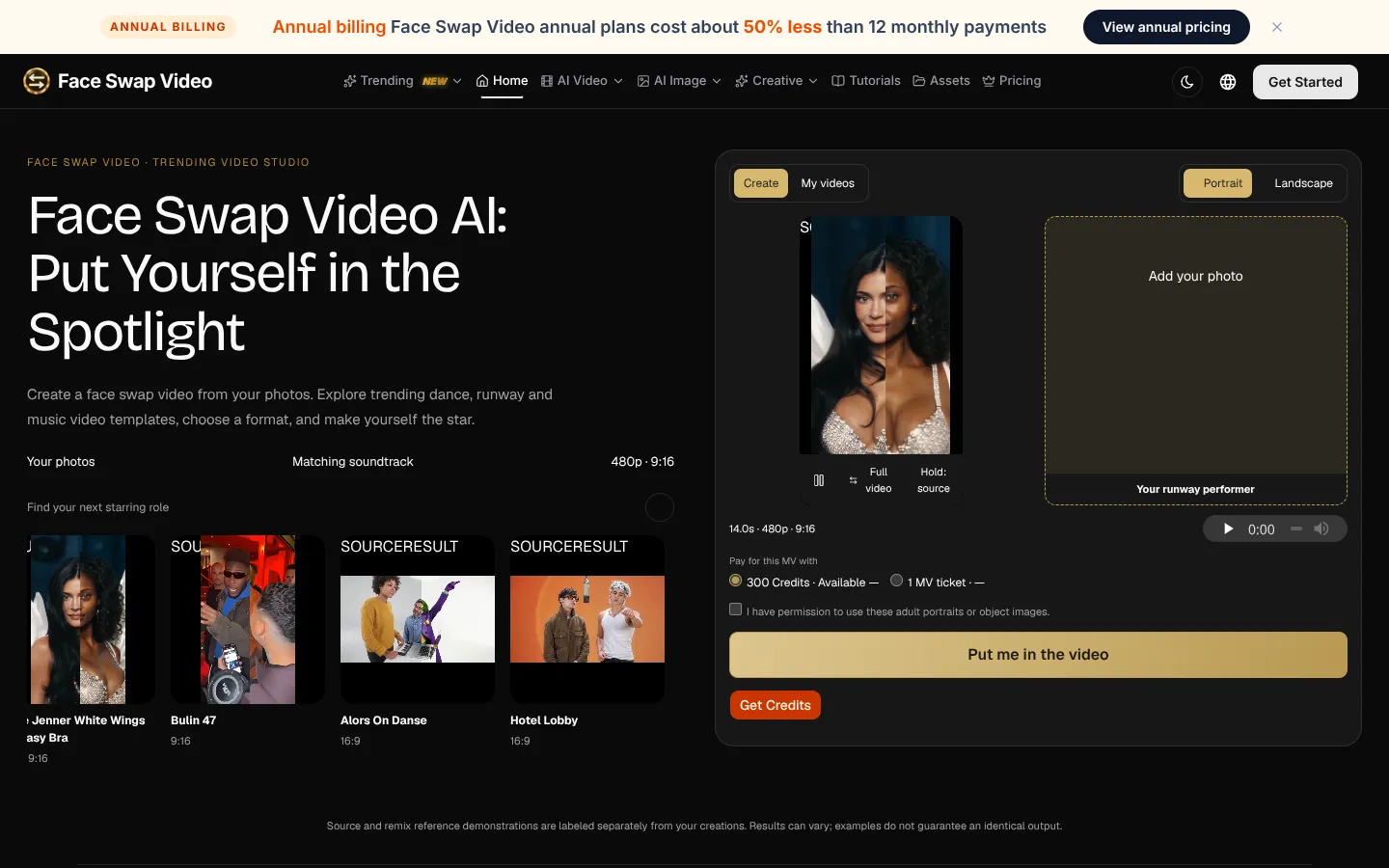Screenshot of the Face Swap Video homepage