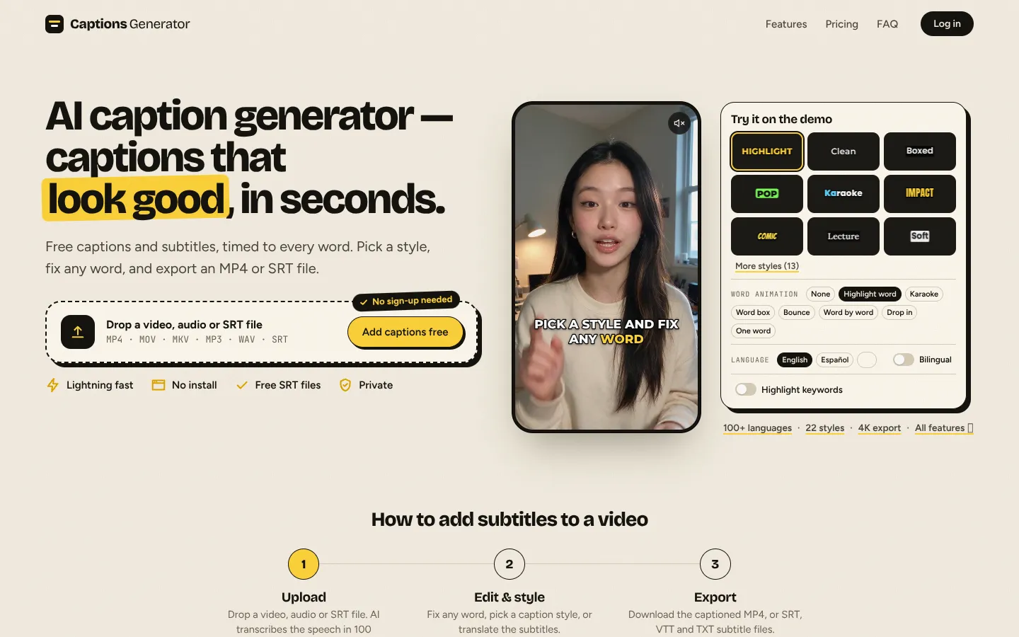 Screenshot of the Captions Generator homepage