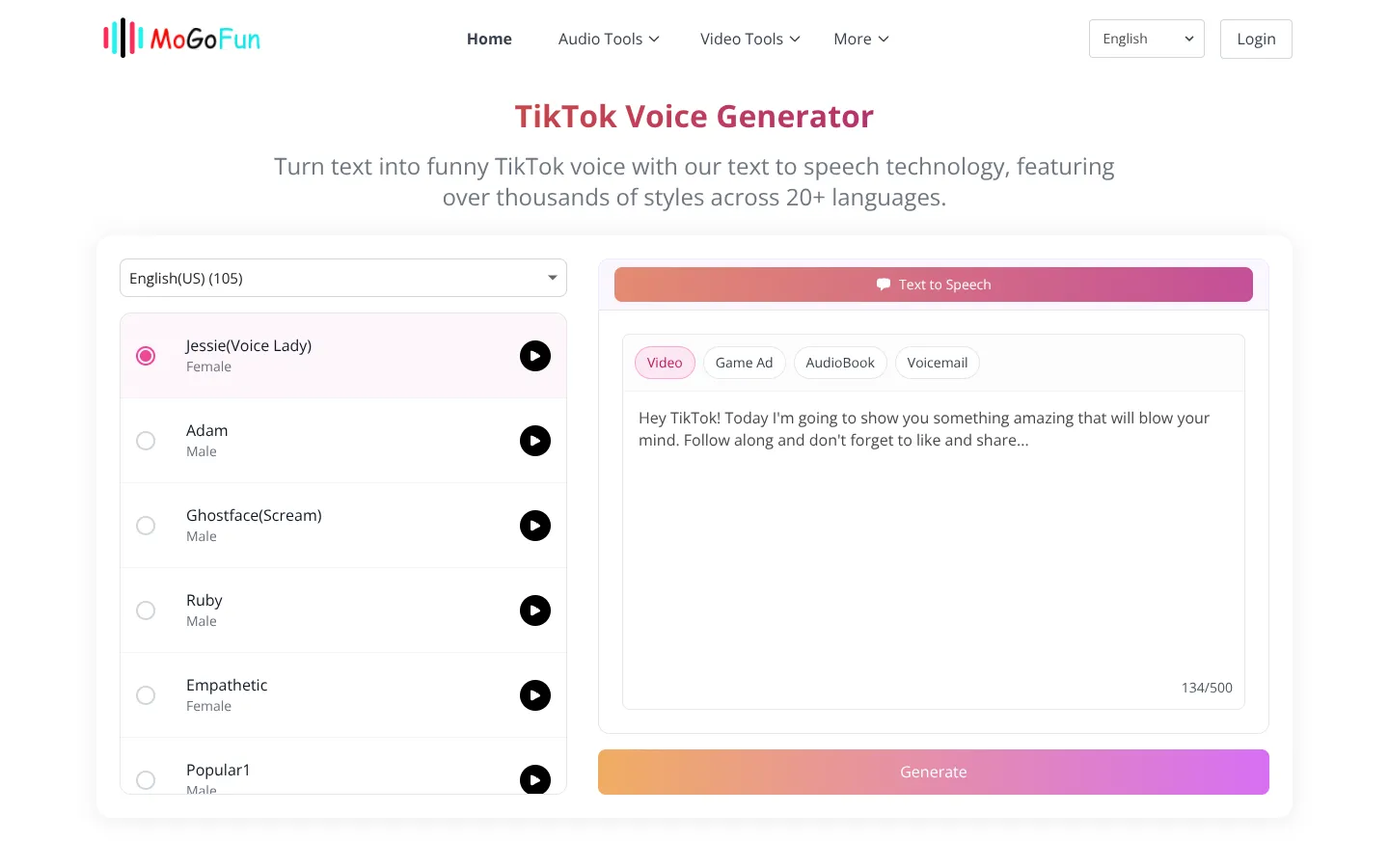 Screenshot of the TikTok Voice homepage