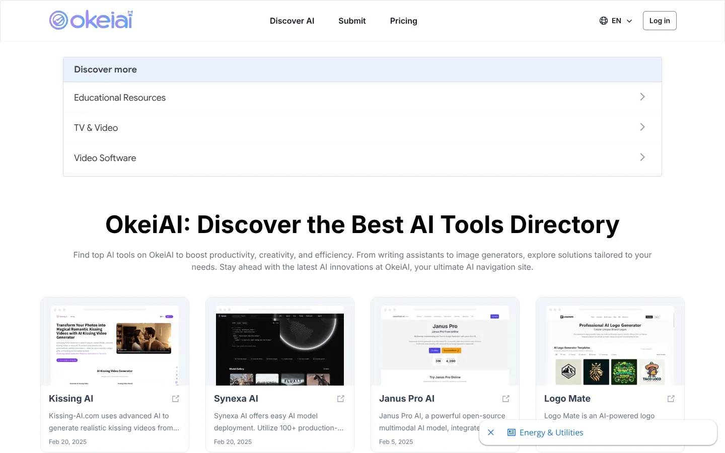 Screenshot of the OkeiAI homepage