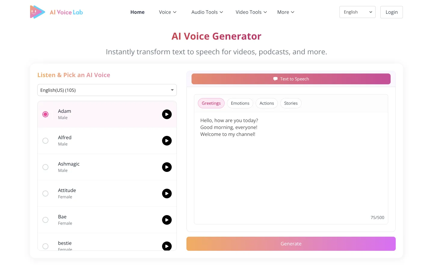 Screenshot of the AI Voice Lab homepage