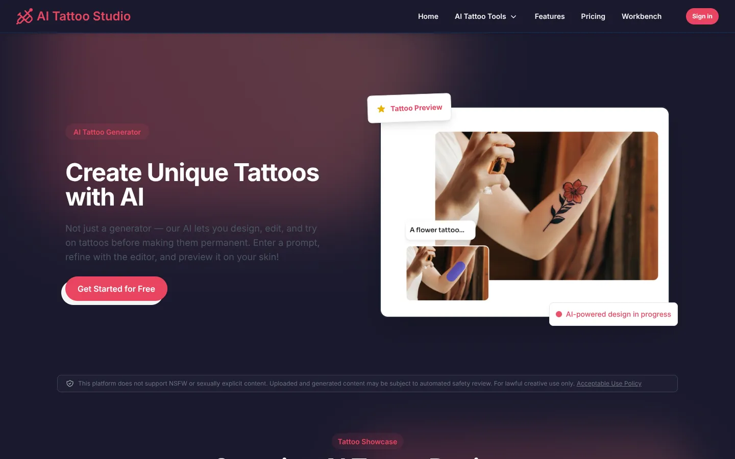 Screenshot of the AI Tattoo Studio homepage