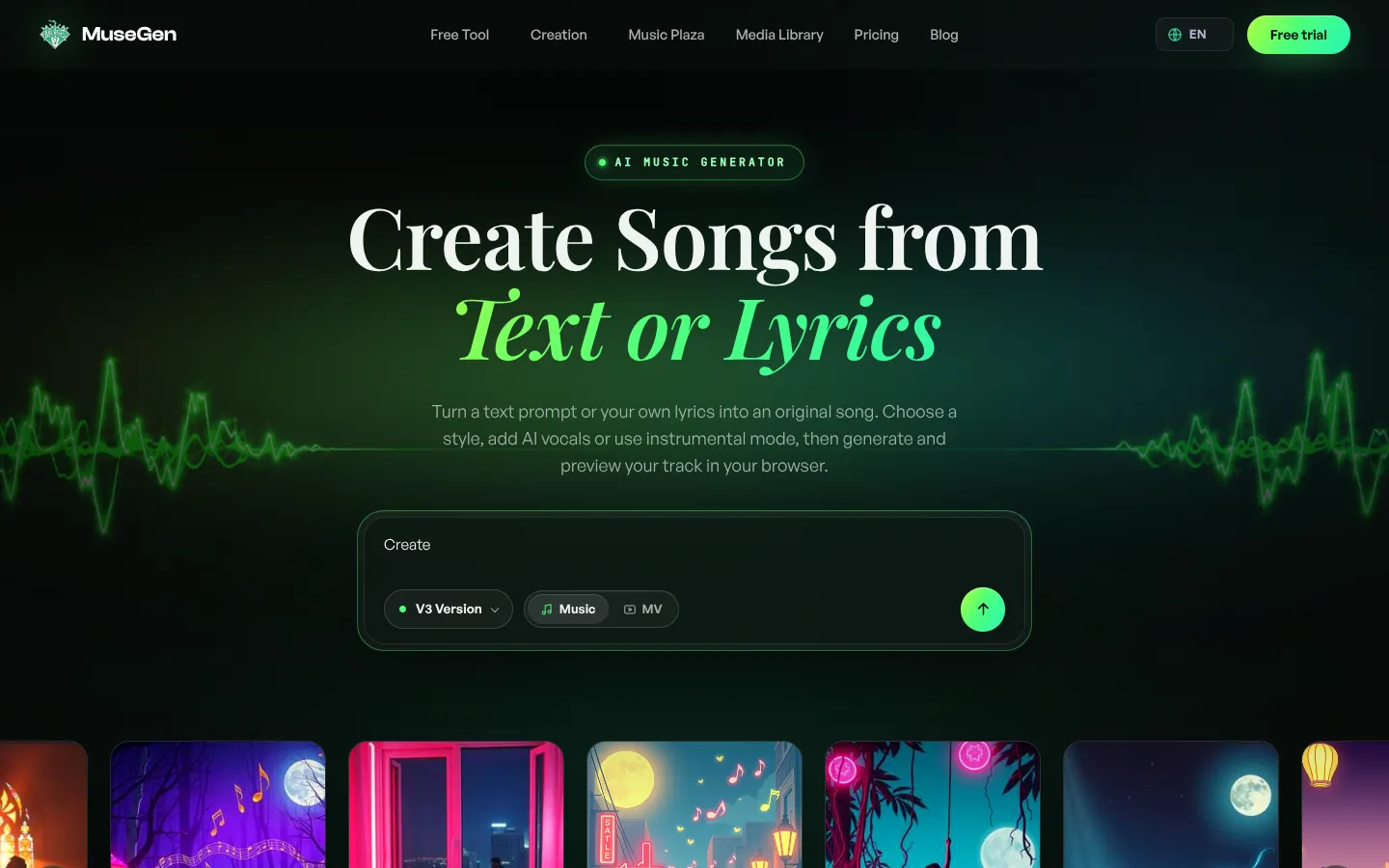 Screenshot of the MuseGen homepage