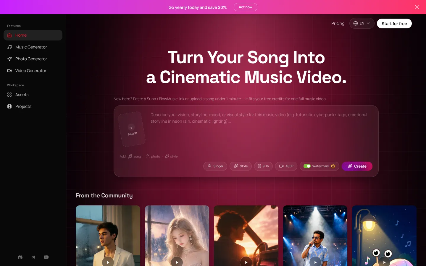 Screenshot of the AI Music Video Generator homepage