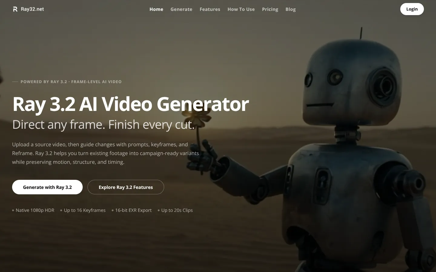Screenshot of the Ray 3.2 AI homepage
