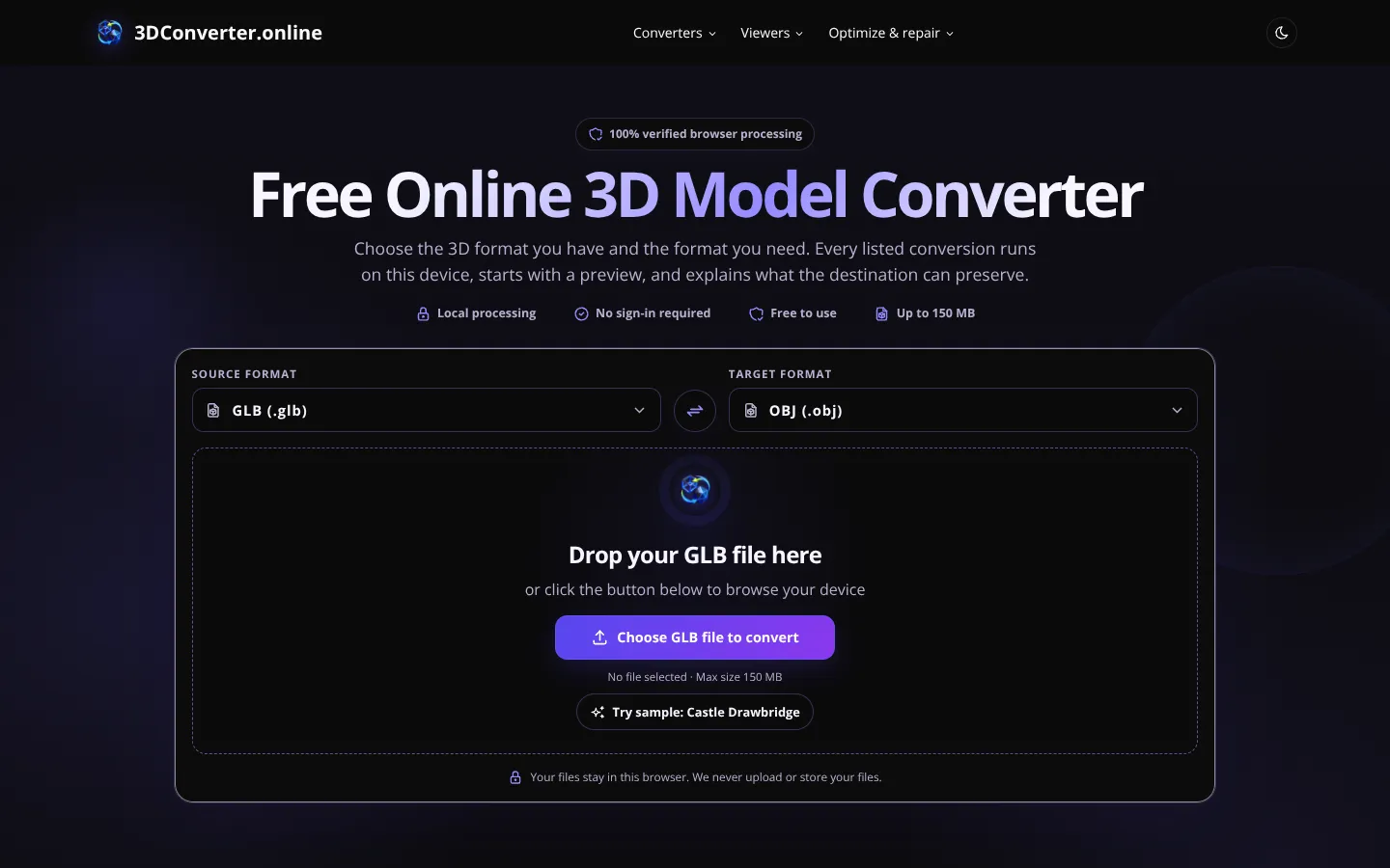 Screenshot of the 3D Converter online homepage