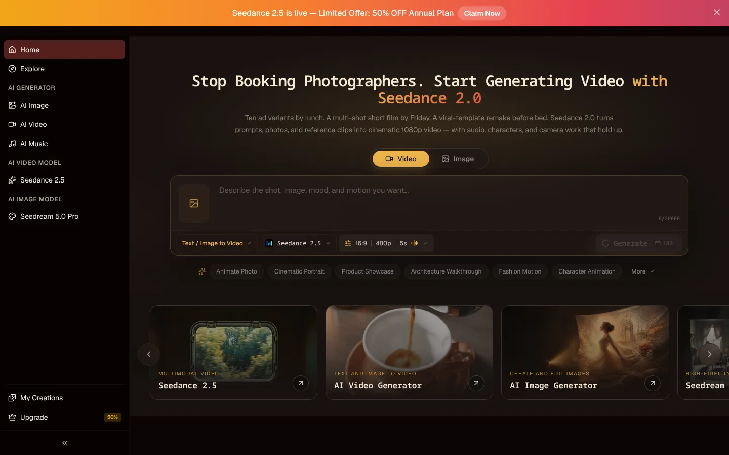 Screenshot of the Seedance 2.0 AI Video Generator homepage