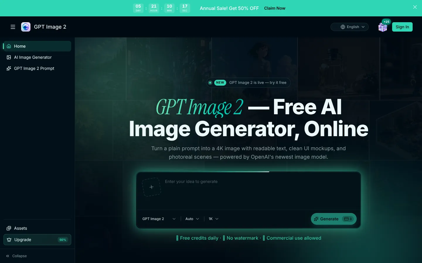 Screenshot of the GPT Image 2 homepage
