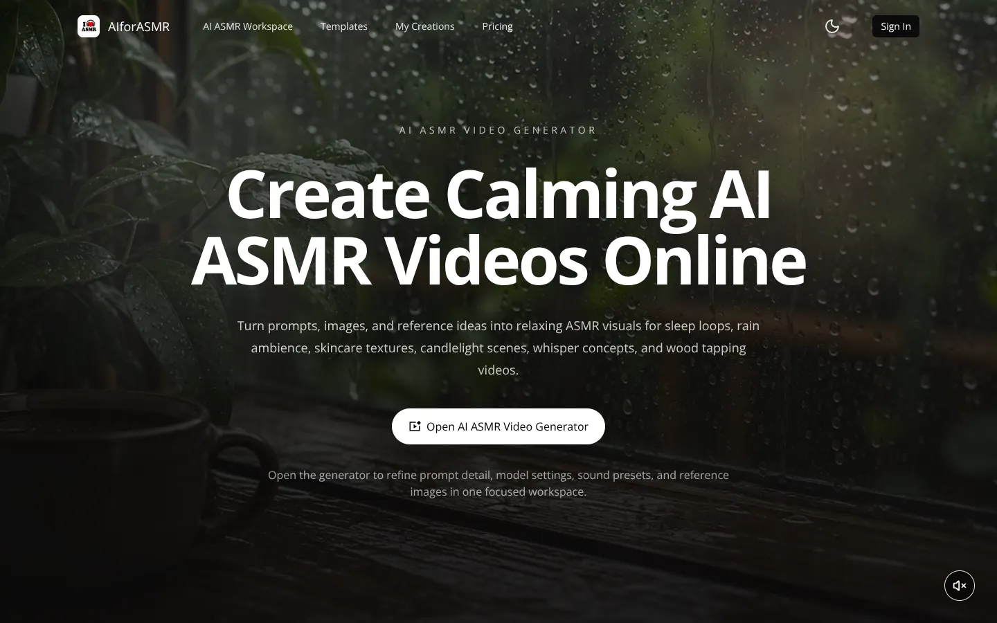 Screenshot of the Aiforasmr AI Video Generator homepage