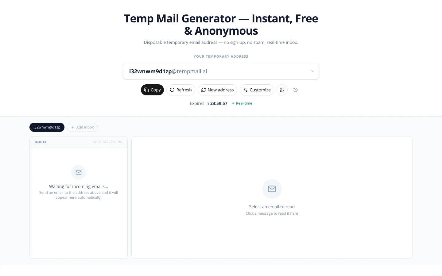 Screenshot of the Temp Mail homepage