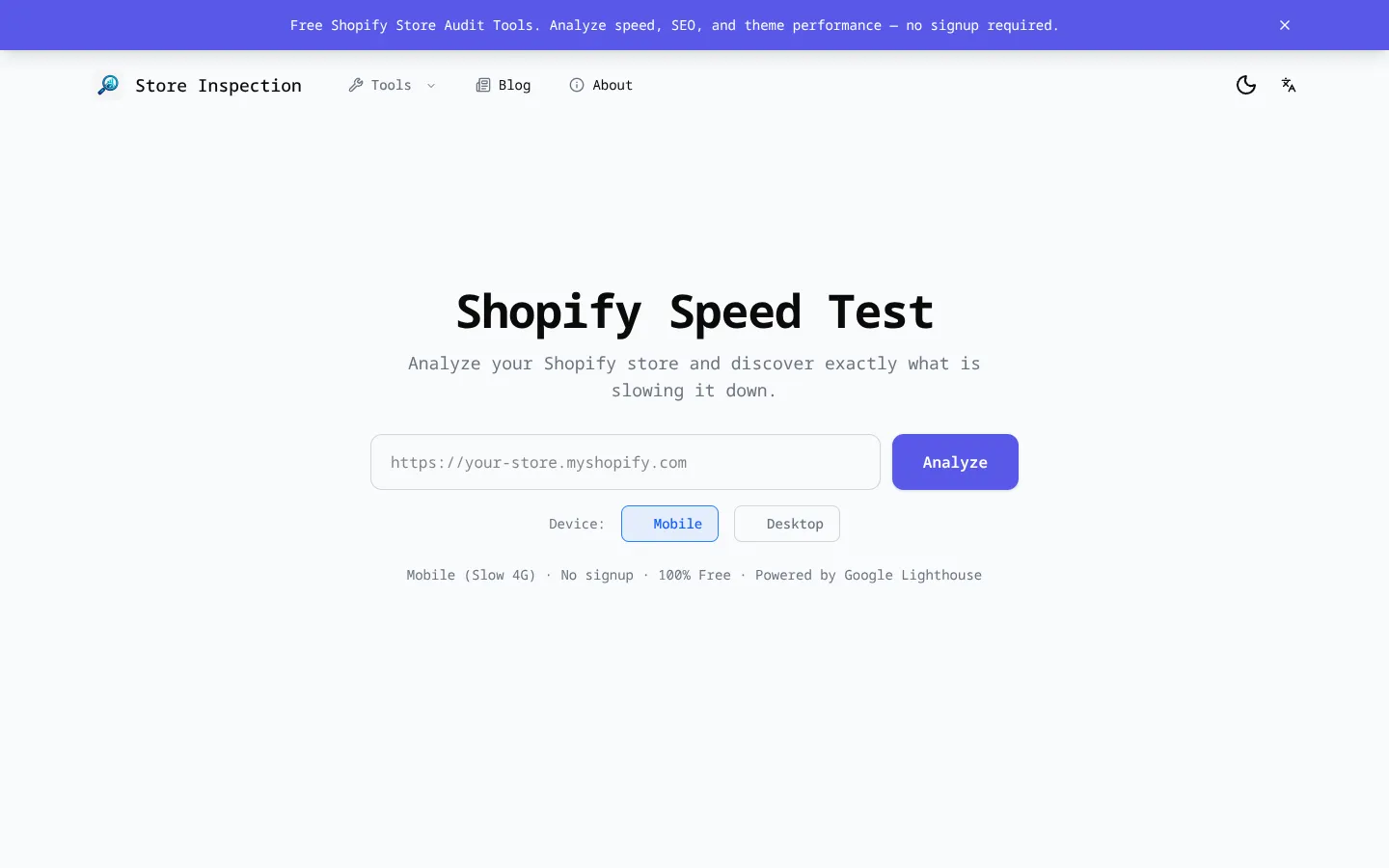 Screenshot of the store inspection homepage