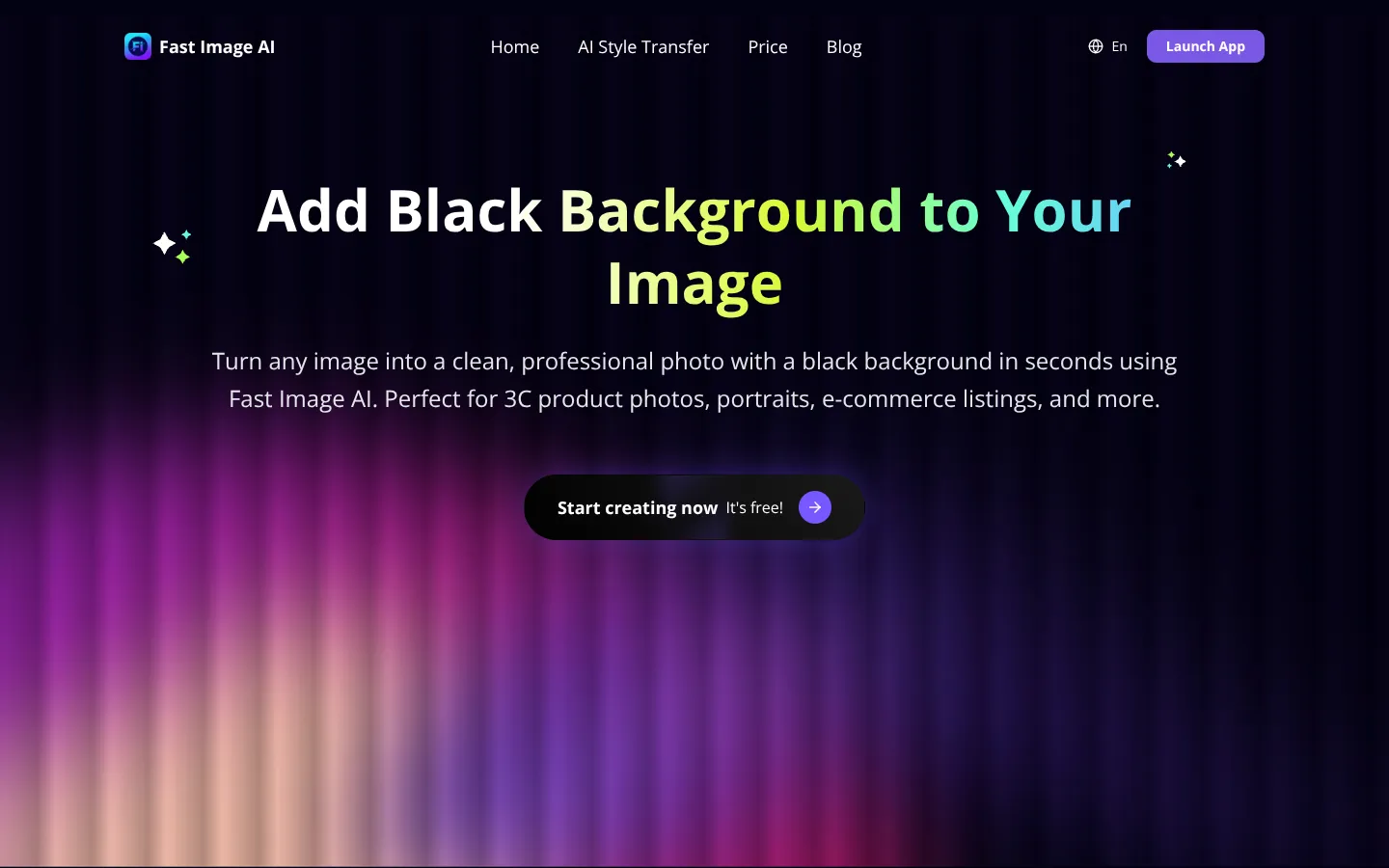Screenshot of the Fast Image AI Black Background homepage