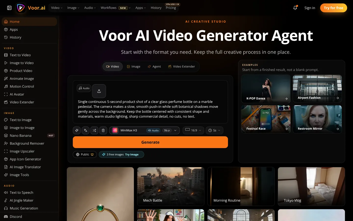 Screenshot of the Voor AI Video Creator homepage