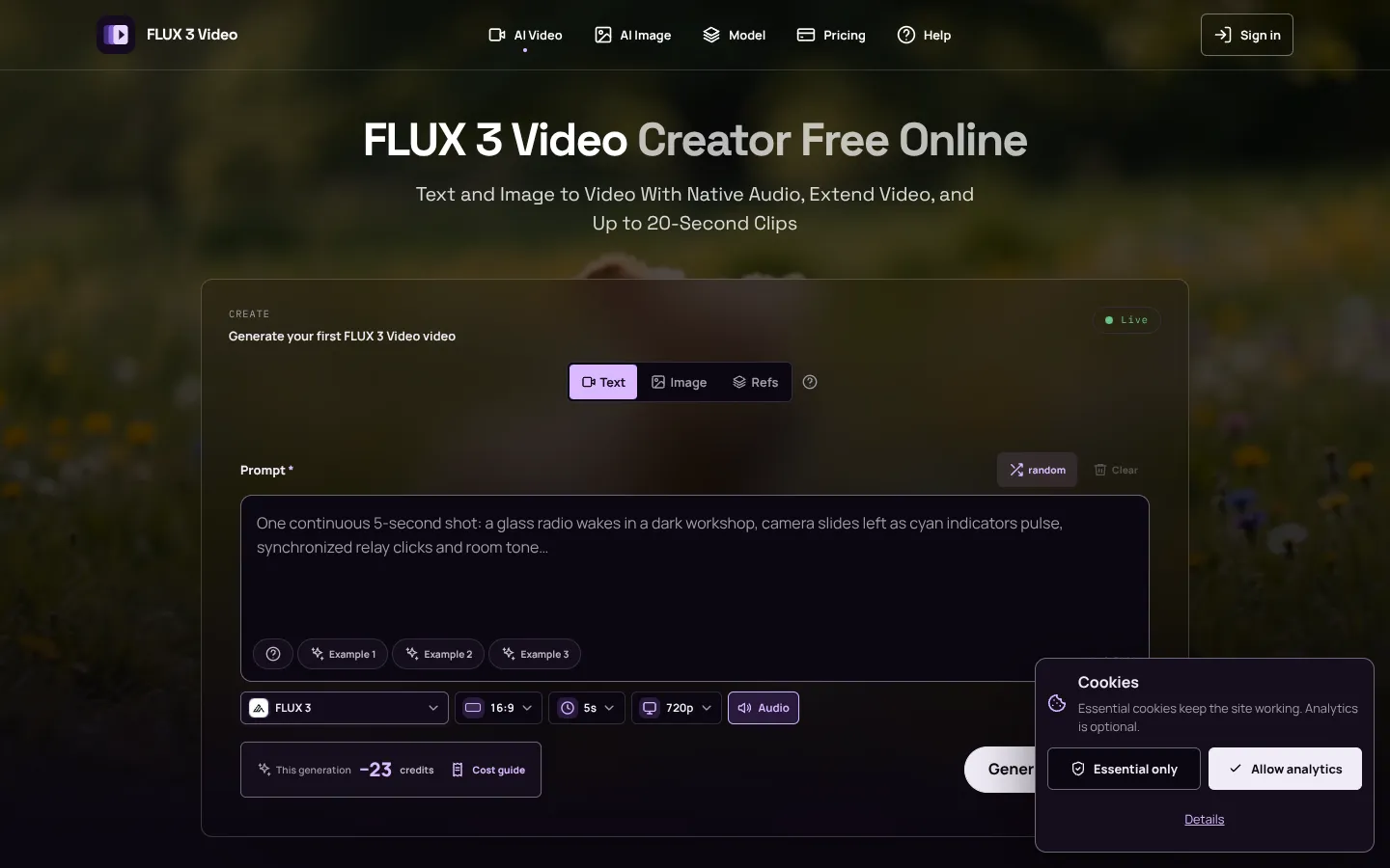 Screenshot of the FLUX 3 Video homepage