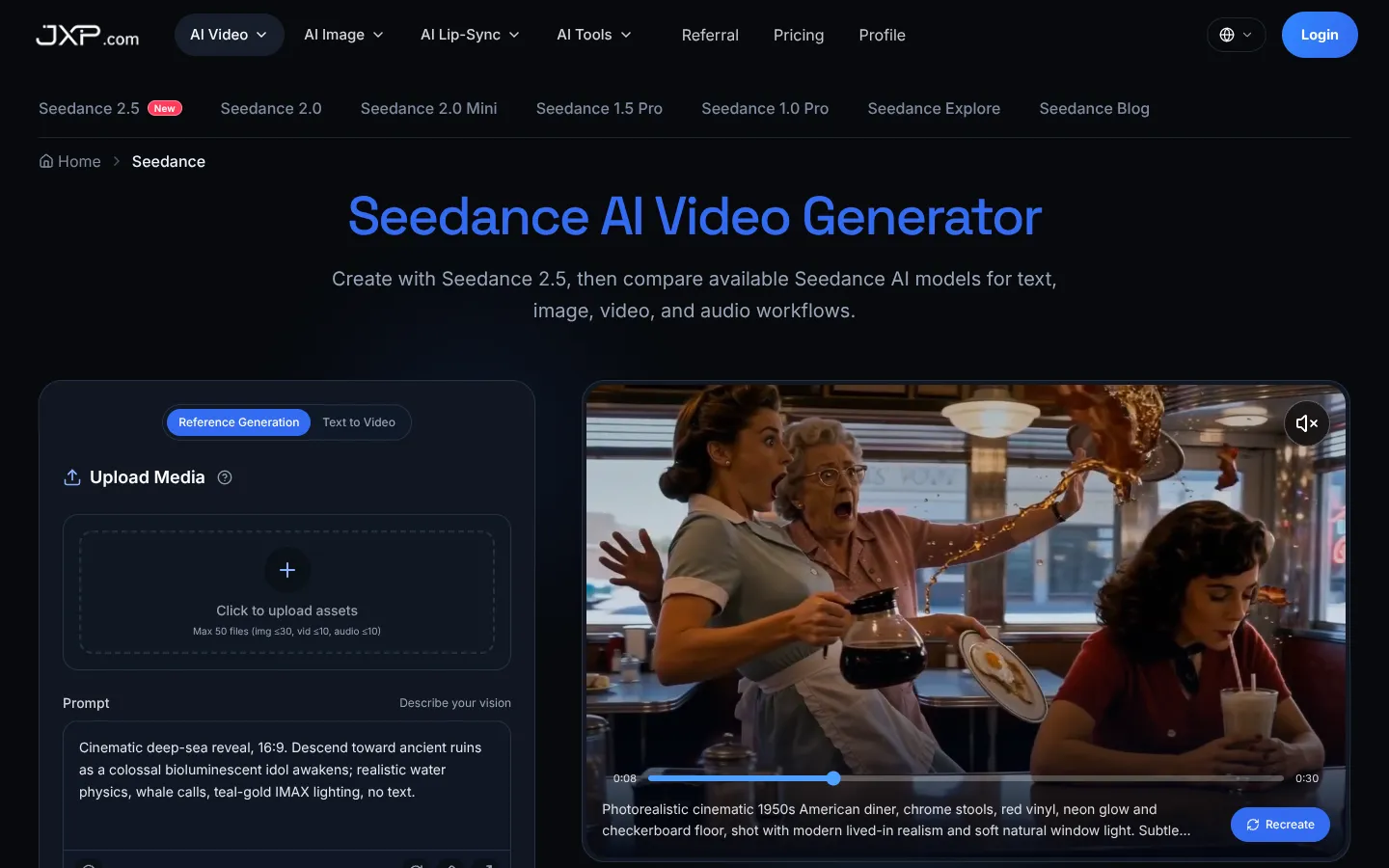 Screenshot of the Seedance AI Video Generator homepage