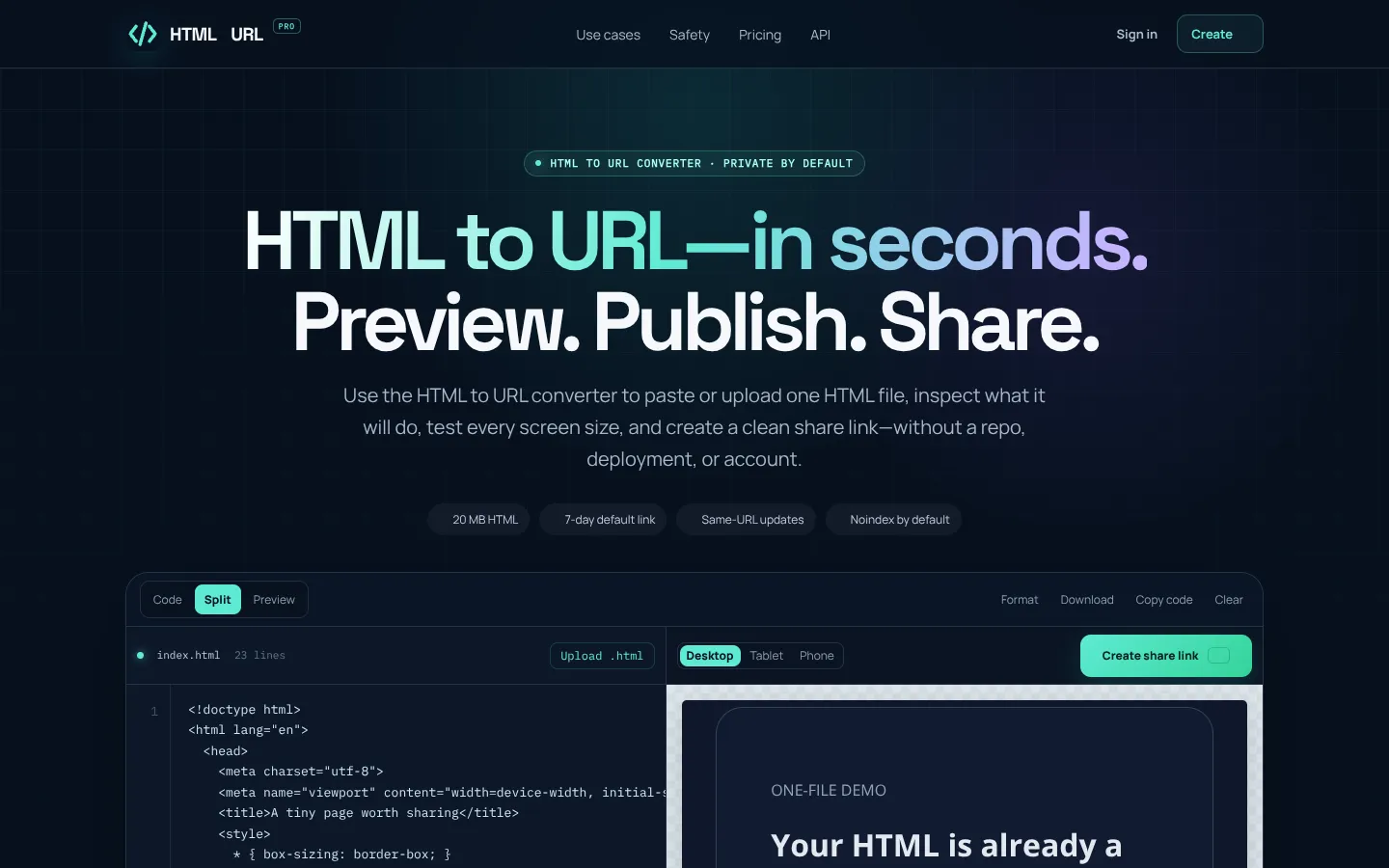Screenshot of the HTMLtoURL Pro homepage