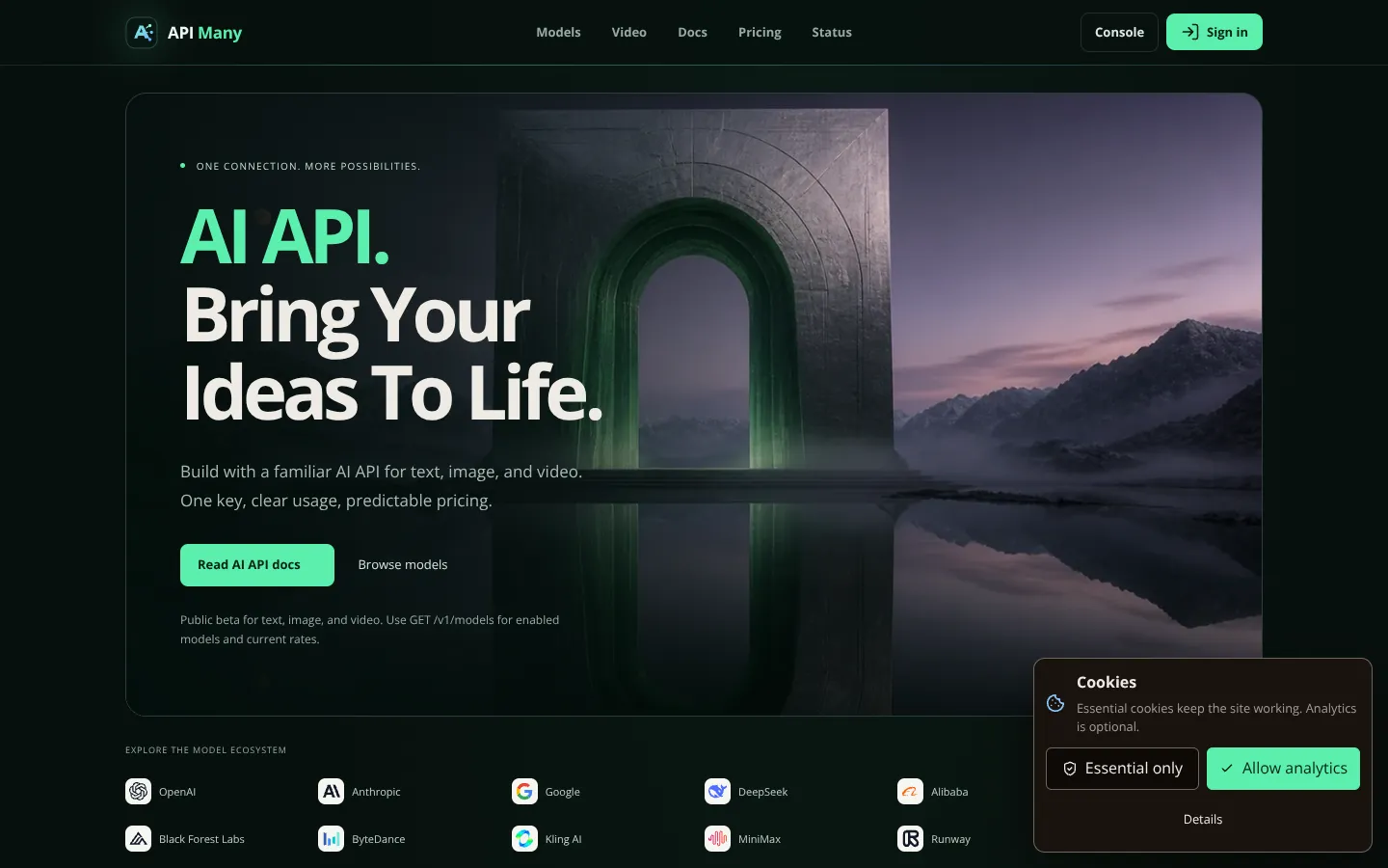 Screenshot of the API Many homepage