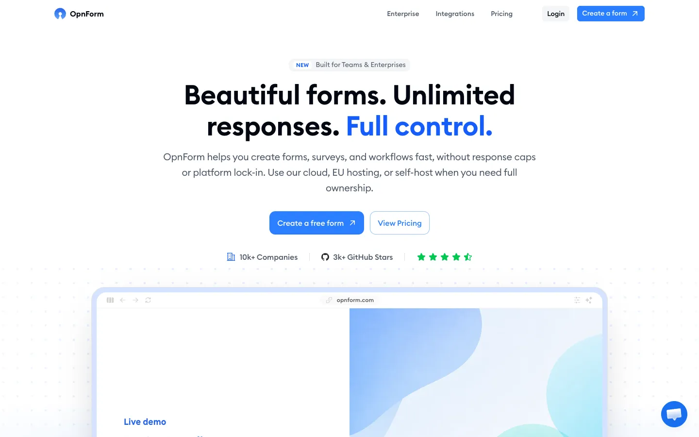 Screenshot of the OpnForm homepage