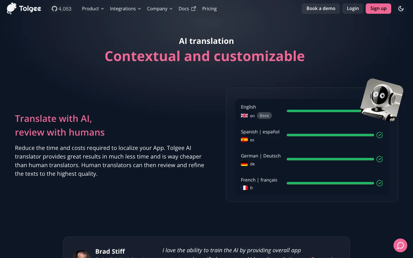 Screenshot of the Tolgee AI Translator homepage