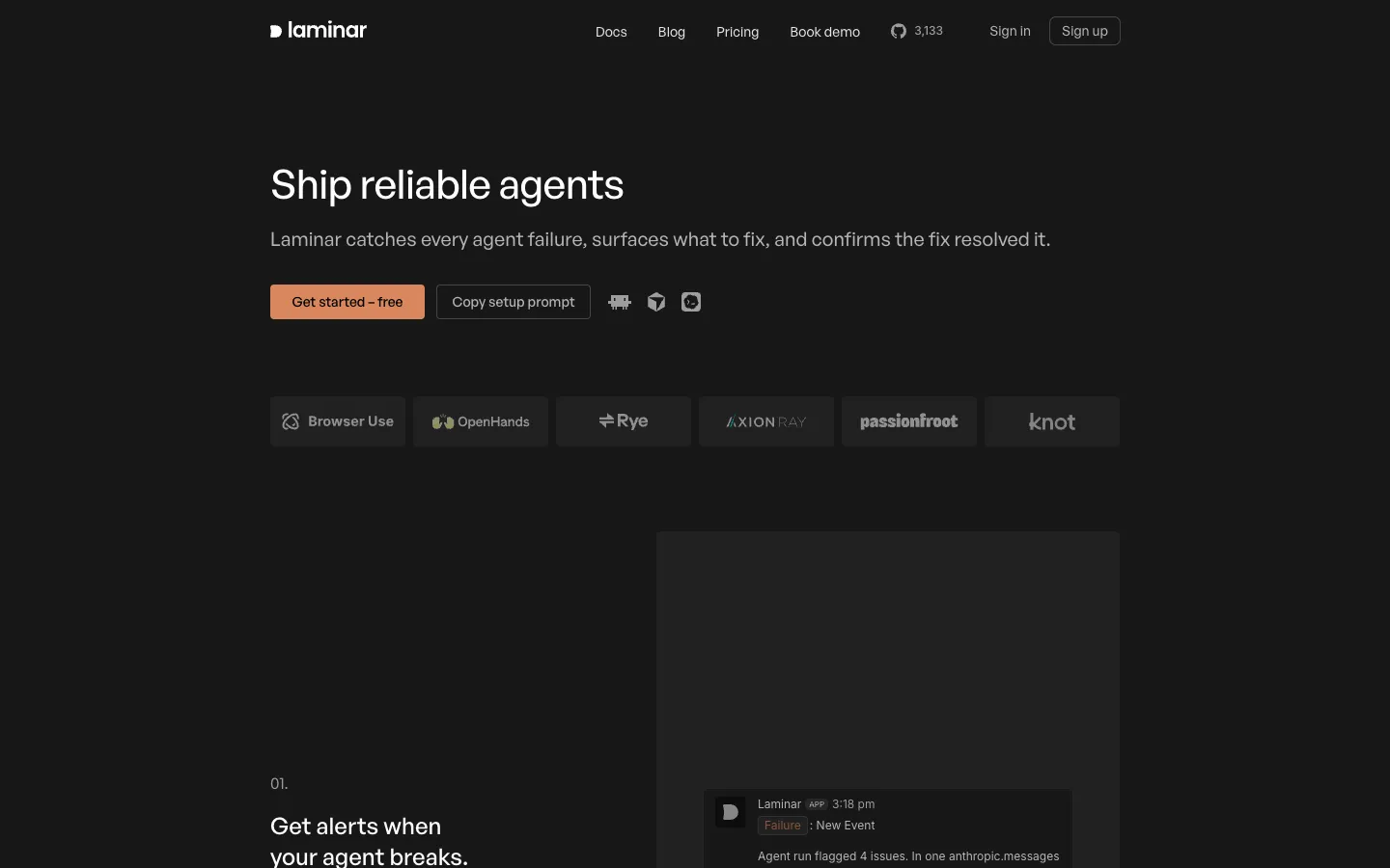 Screenshot of the laminar homepage
