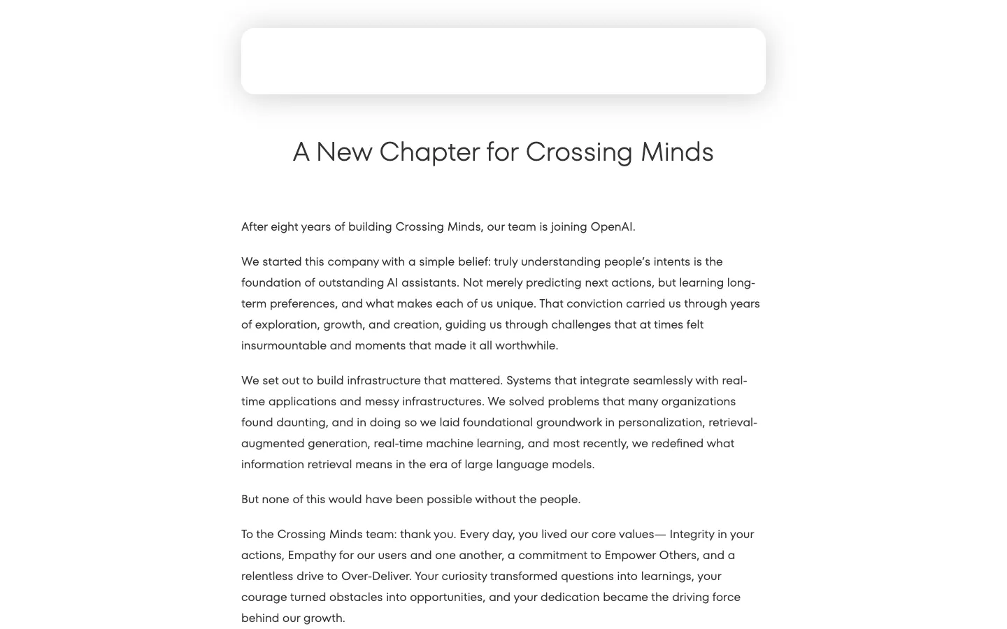 Screenshot of the crossingminds.com homepage