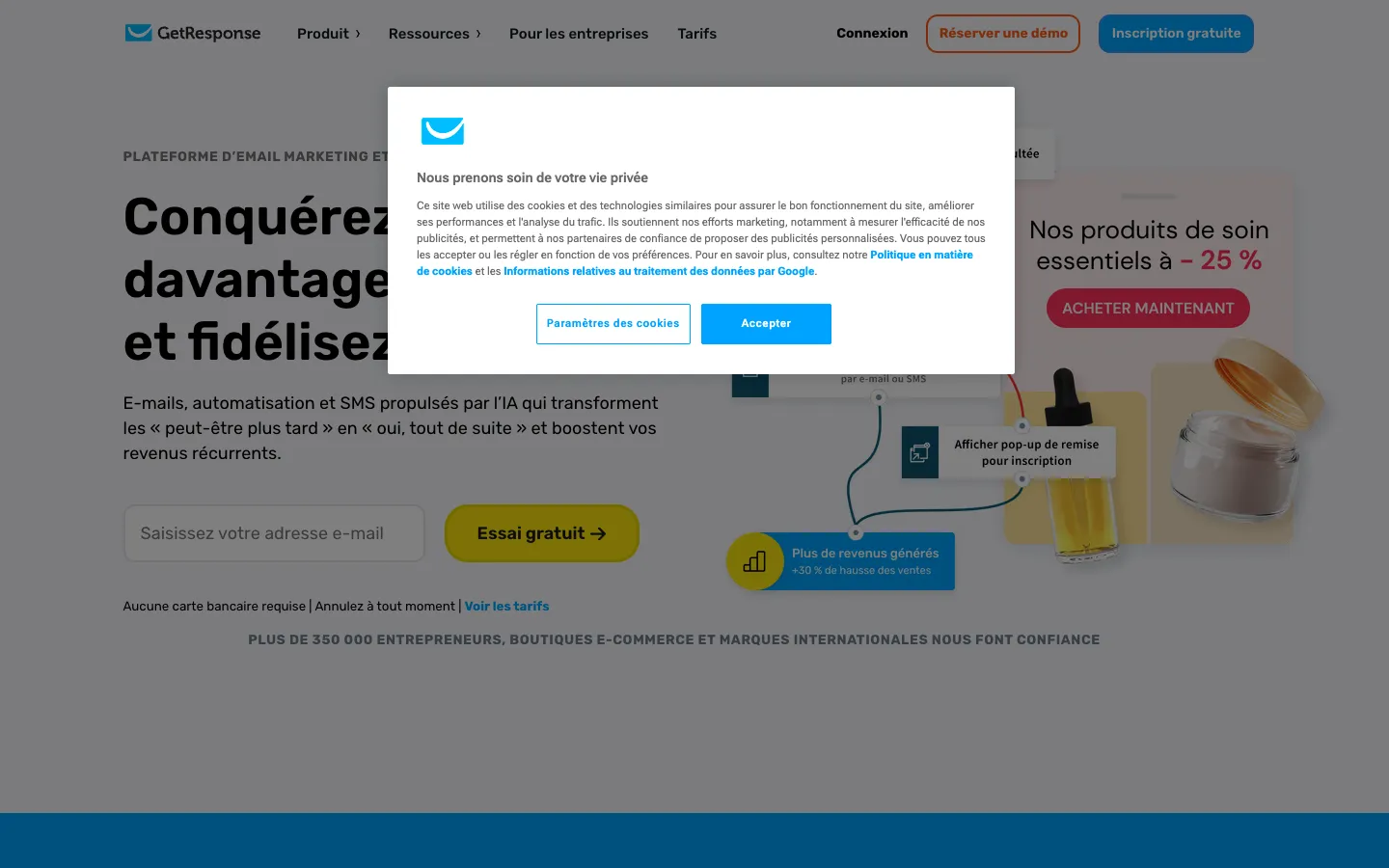 Screenshot of the getresponse.fr homepage