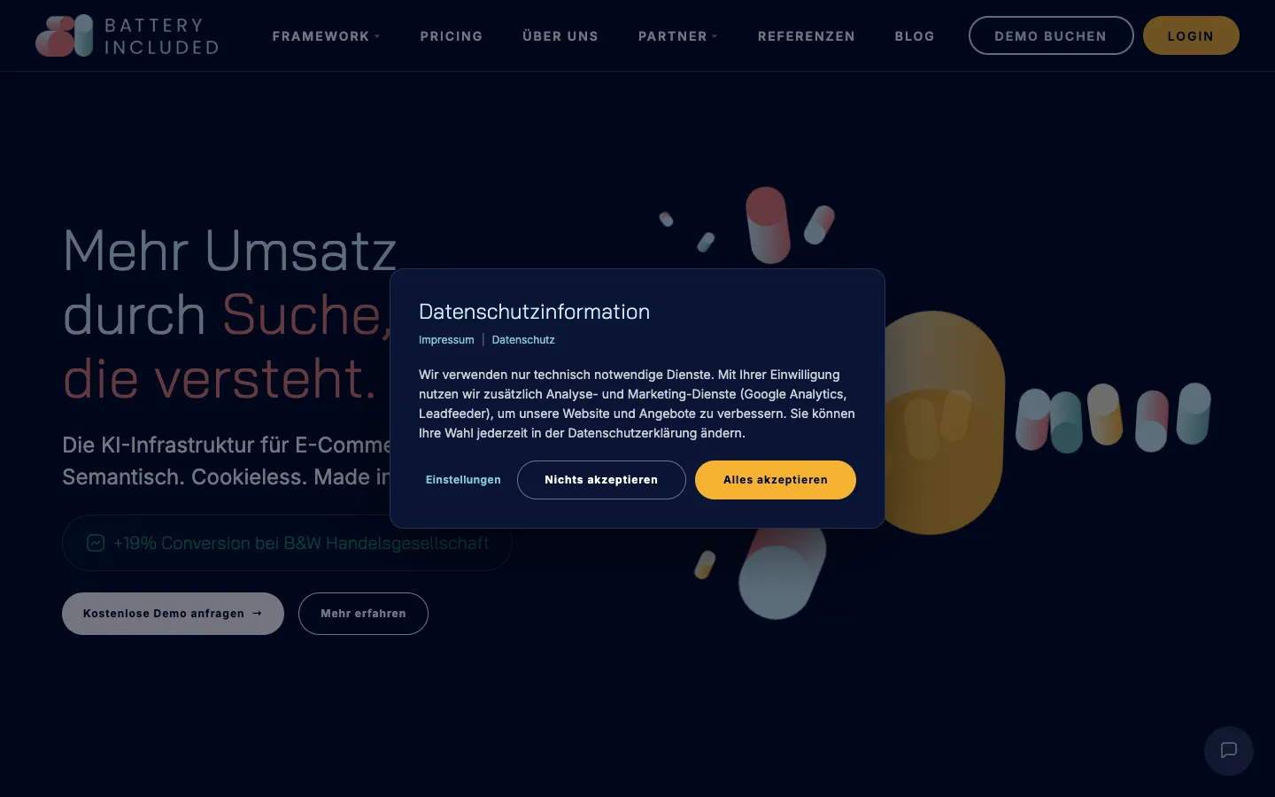 Screenshot of the BatteryIncluded incl. Volt Search homepage