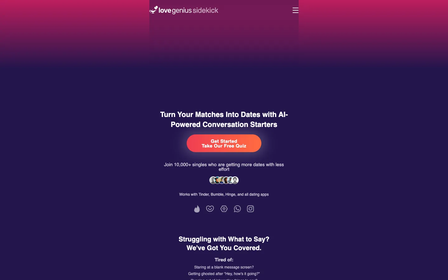 Screenshot of the LoveGenius Sidekick homepage