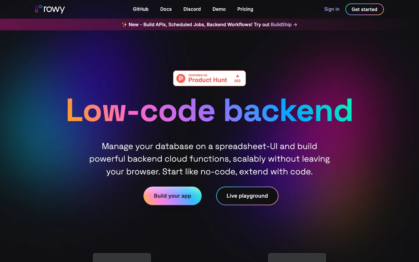 Screenshot of the rowy.io homepage