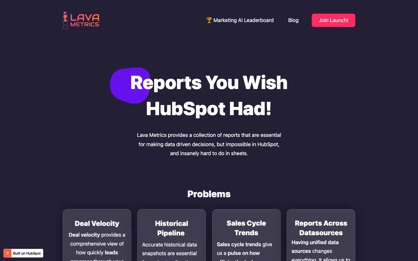 Screenshot of the Lava Metrics homepage