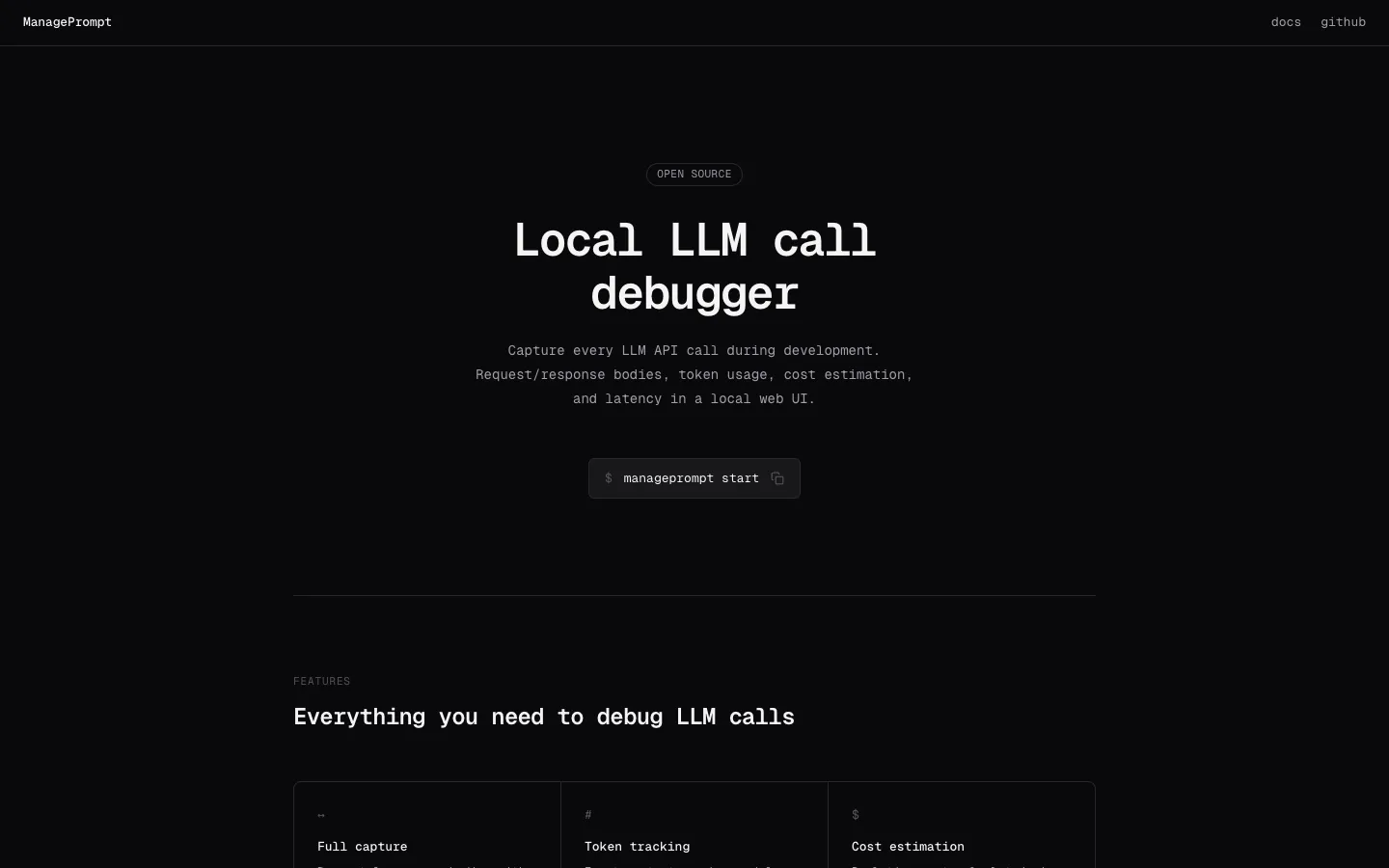 Screenshot of the ManagePrompt homepage