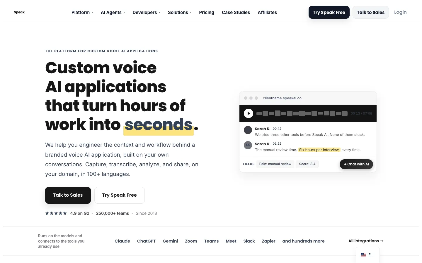 Screenshot of the speakai.co homepage