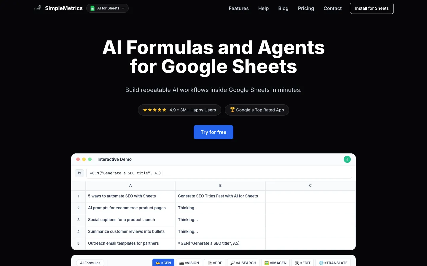 Screenshot of the Gemini AI for Sheets homepage